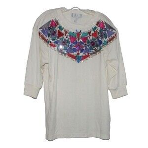 P.A. International Embellished Ivory Top Beaded Sequins 3/4 Sleeves Women's Sz M